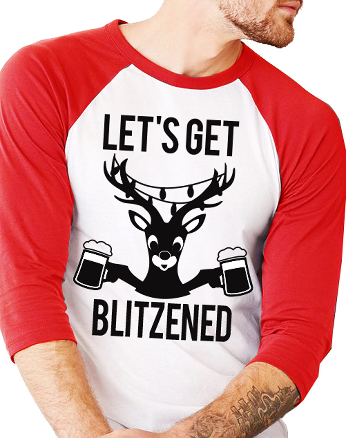 Unisex Christmas Red Baseball Tee with 'Let's Get BLITZENED' slogan, perfect for festive celebrations.