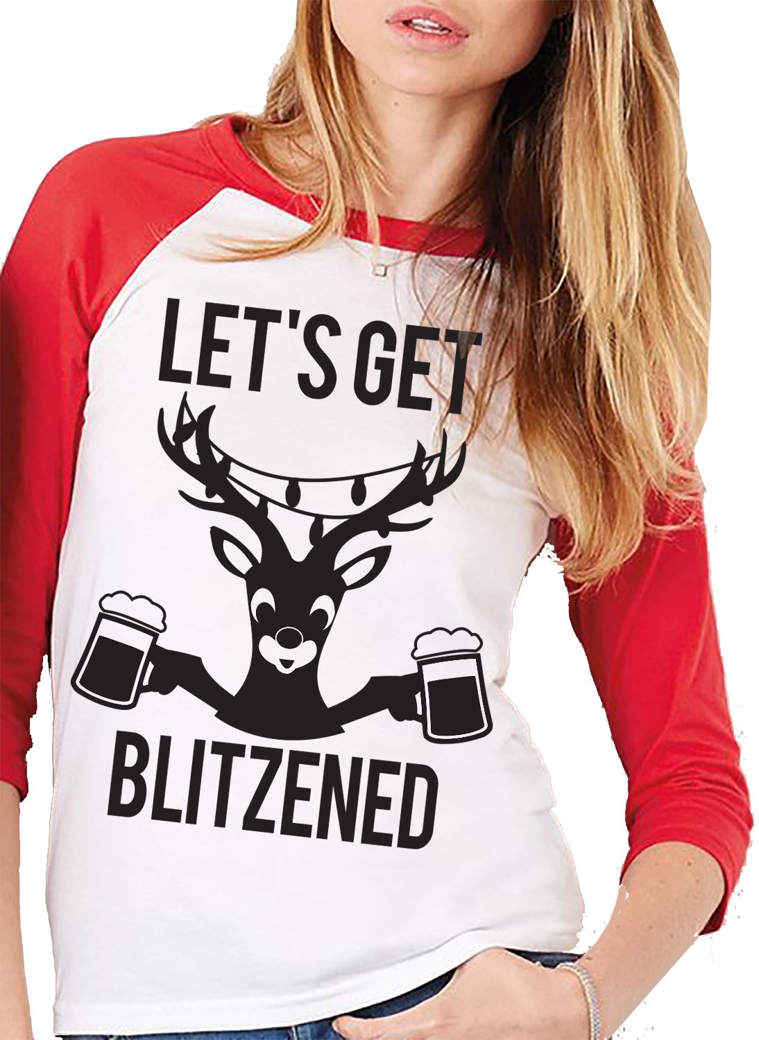 Unisex Christmas Red Baseball Tee with 'Let's Get BLITZENED' slogan, perfect for festive celebrations.