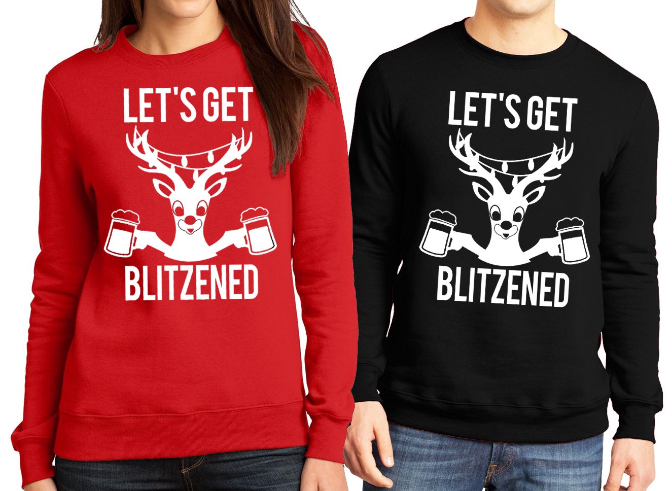 LET'S GET BLITZENED Christmas Sweater in red and black, featuring a festive beer-themed design, perfect for holiday celebrations.