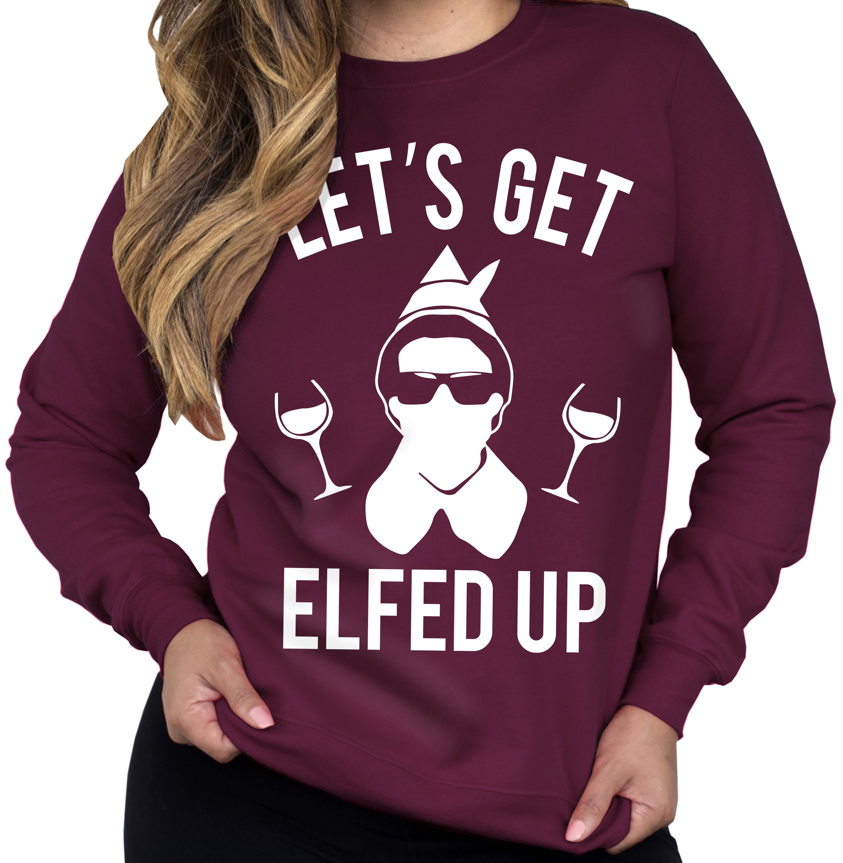 A vibrant Christmas red crew neck sweatshirt featuring the playful phrase 'Let's Get Elfed Up' in festive lettering, perfect for holiday celebrations.