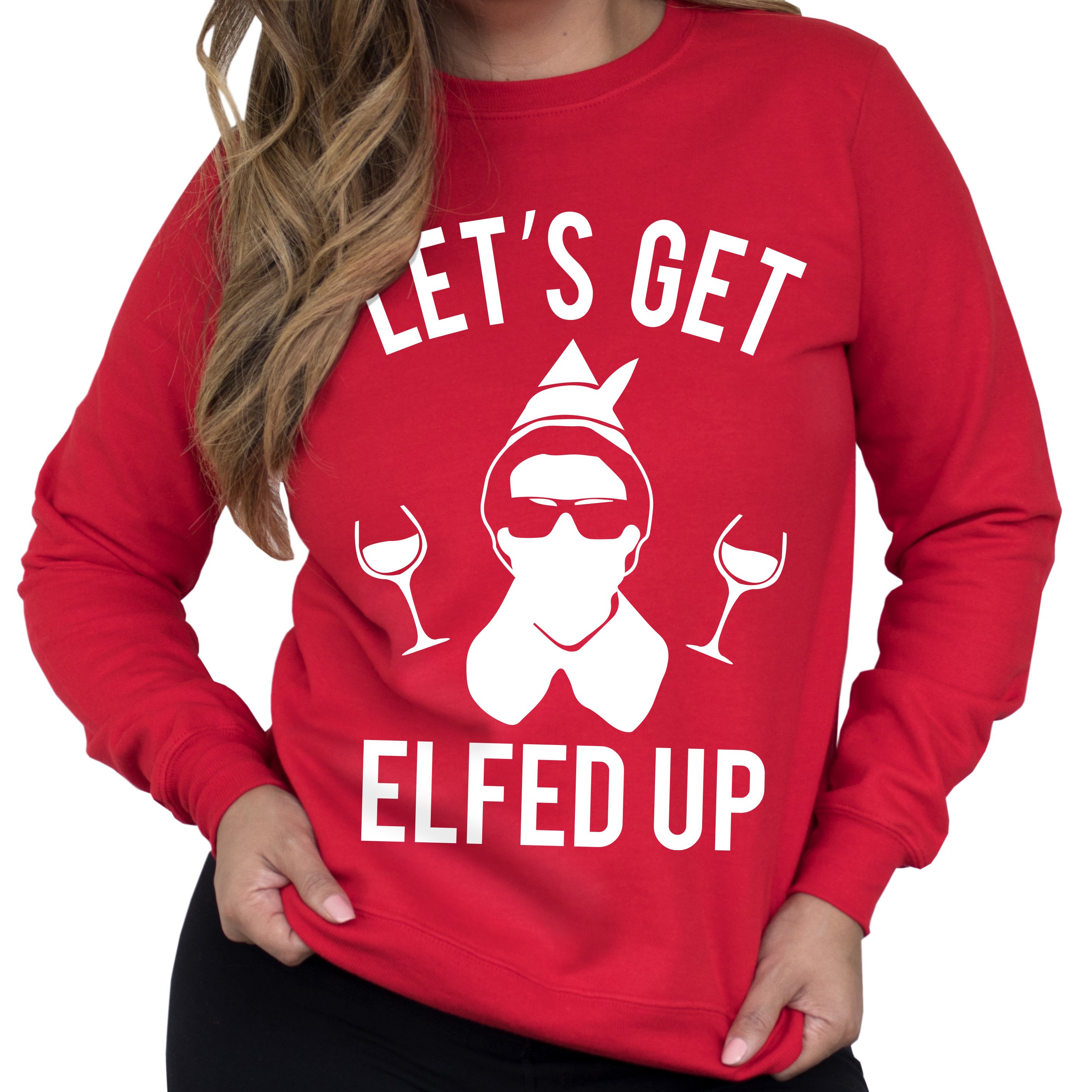 A vibrant Christmas red crew neck sweatshirt featuring the playful phrase 'Let's Get Elfed Up' in festive lettering, perfect for holiday celebrations.