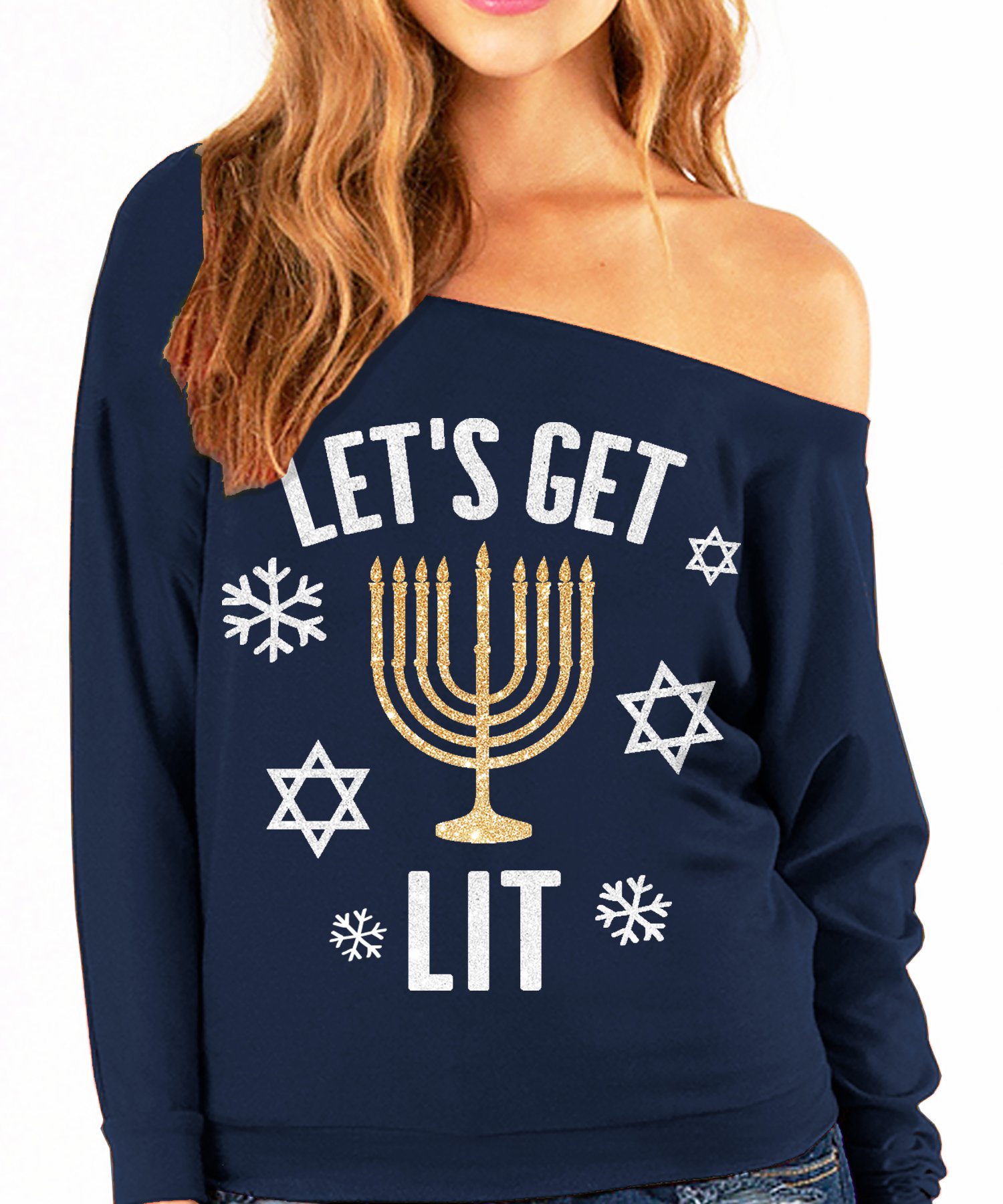 Navy blue slouchy sweatshirt with 'Let's Get Lit' glitter print in silver and gold, perfect for Hanukkah celebrations.