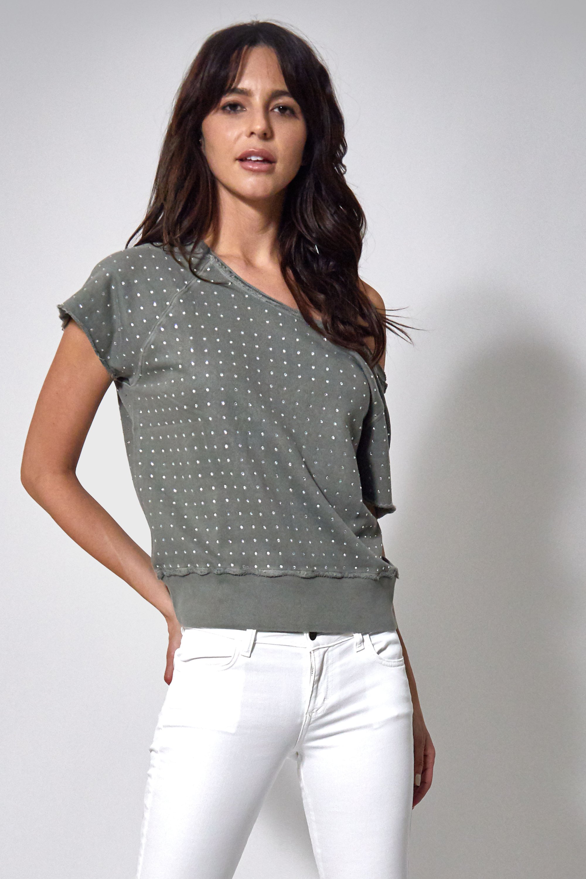 Lexi Pullover in Army Green featuring a relaxed fit and open back design, made from 100% cotton.