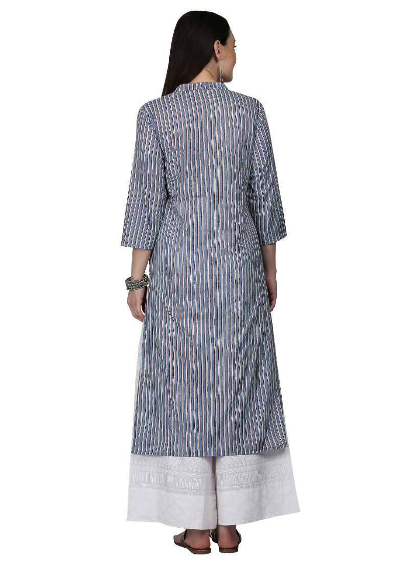 Woman wearing striped kurta and palazzo.
