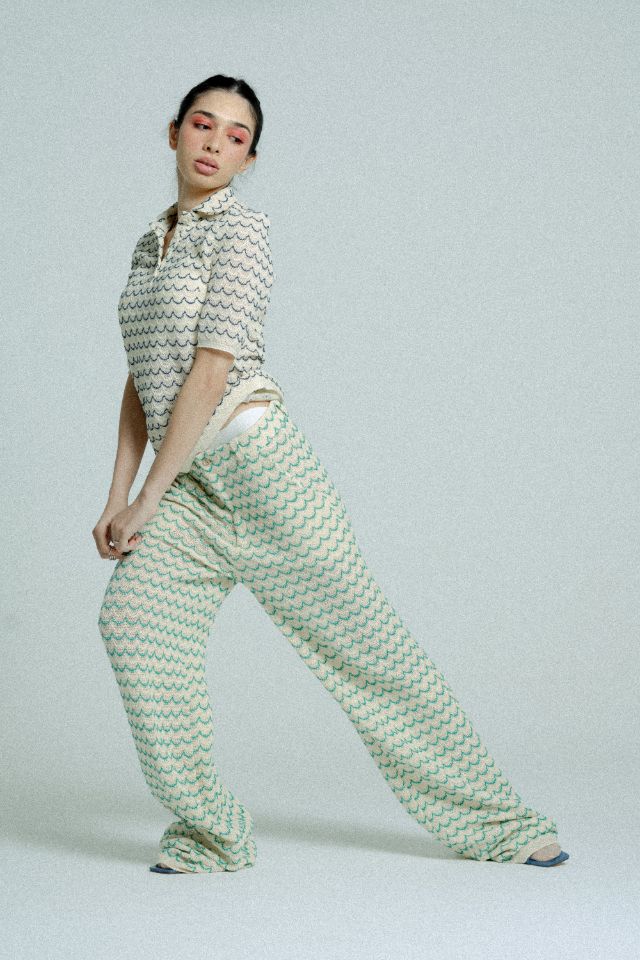 Light Weight Cotton Knit Long Wide Trousers in Green with a straight loose cut and side pockets, featuring a unique green wave pattern.