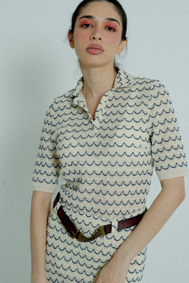 Light Weight Short Sleeve Button Up Cotton Knit Shirt in Marine with beige and blue wave pattern, featuring wooden effect buttons.