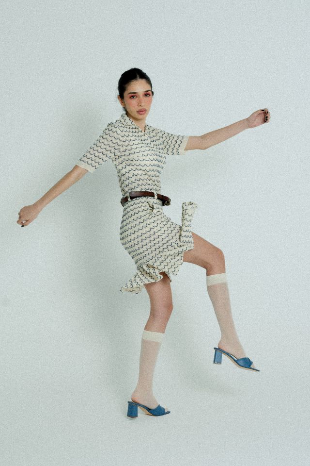 Light Weight Short Sleeve Button Up Cotton Knit Shirt in Marine with beige and blue wave pattern, featuring wooden effect buttons.