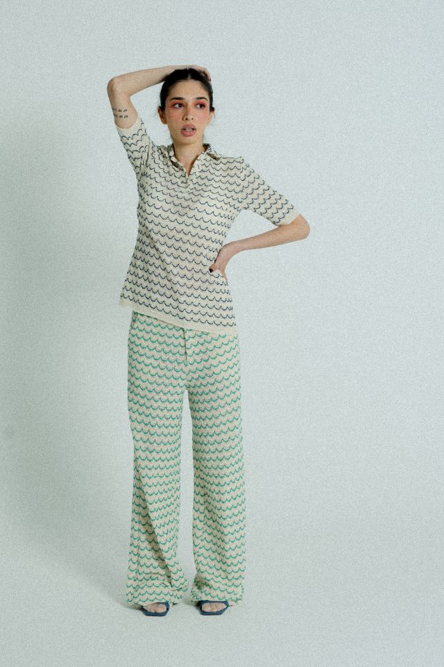 Light Weight Short Sleeve Button Up Cotton Knit Shirt in Marine with beige and blue wave pattern, featuring wooden effect buttons.