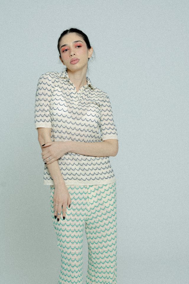 Light Weight Short Sleeve Button Up Cotton Knit Shirt in Marine with beige and blue wave pattern, featuring wooden effect buttons.