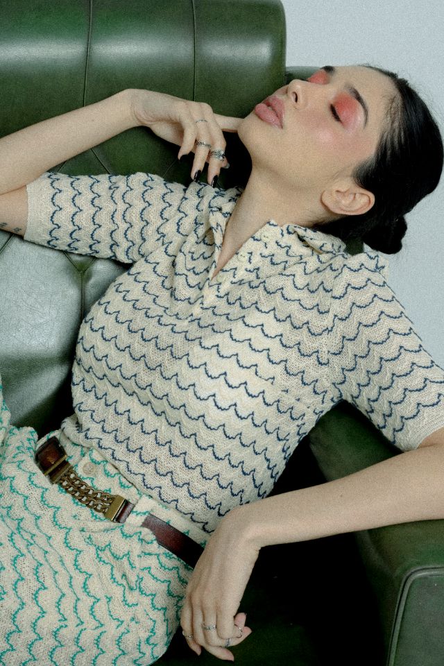 Light Weight Short Sleeve Button Up Cotton Knit Shirt in Marine with beige and blue wave pattern, featuring wooden effect buttons.