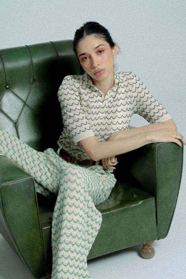 Light Weight Short Sleeve Button Up Cotton Knit Shirt in Marine with beige and blue wave pattern, featuring wooden effect buttons.