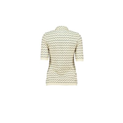 Light Weight Short Sleeve Button Up Cotton Knit Shirt in Marine with beige and blue wave pattern, featuring wooden effect buttons.