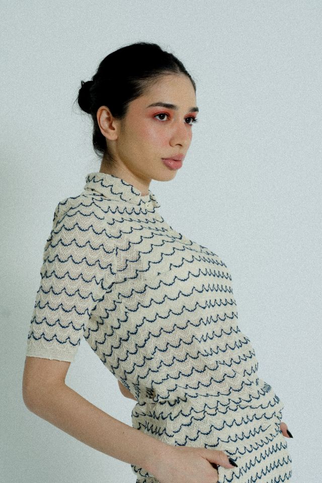 Light Weight Short Sleeve Button Up Cotton Knit Shirt in Marine with beige and blue wave pattern, featuring wooden effect buttons.