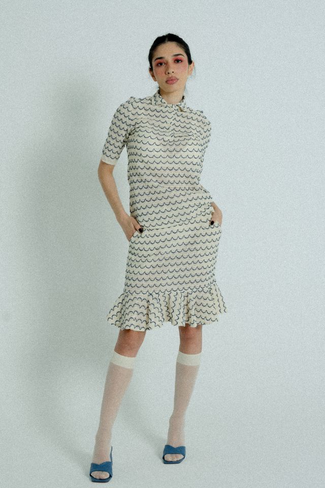 Light Weight Short Sleeve Button Up Cotton Knit Shirt in Marine with beige and blue wave pattern, featuring wooden effect buttons.