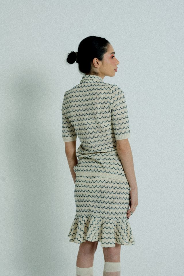 Light Weight Short Sleeve Button Up Cotton Knit Shirt in Marine with beige and blue wave pattern, featuring wooden effect buttons.