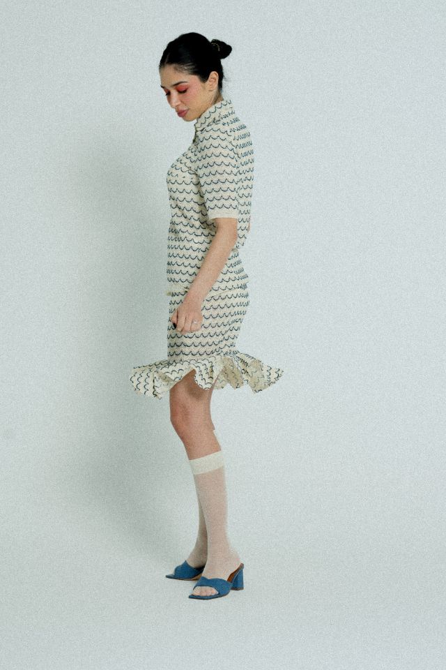 Light Weight Short Sleeve Button Up Cotton Knit Shirt in Marine with beige and blue wave pattern, featuring wooden effect buttons.