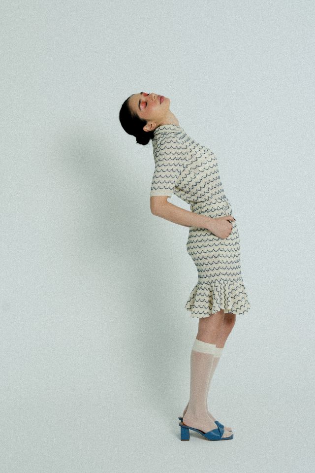 Light Weight Short Sleeve Button Up Cotton Knit Shirt in Marine with beige and blue wave pattern, featuring wooden effect buttons.