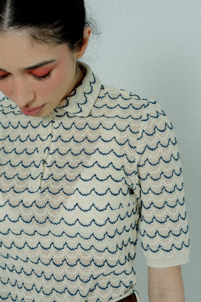 Light Weight Short Sleeve Button Up Cotton Knit Shirt in Marine with beige and blue wave pattern, featuring wooden effect buttons.