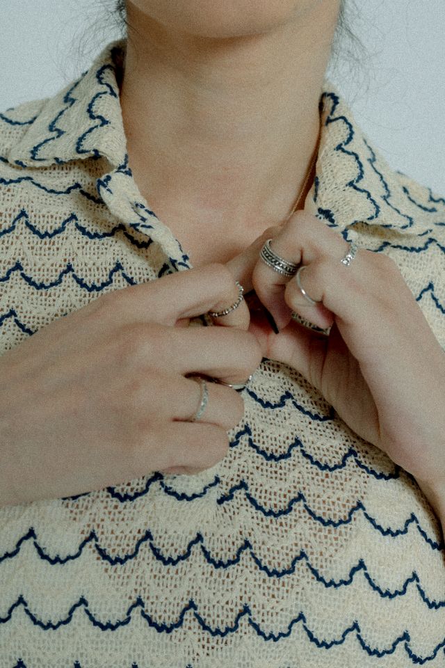 Light Weight Short Sleeve Button Up Cotton Knit Shirt in Marine with beige and blue wave pattern, featuring wooden effect buttons.