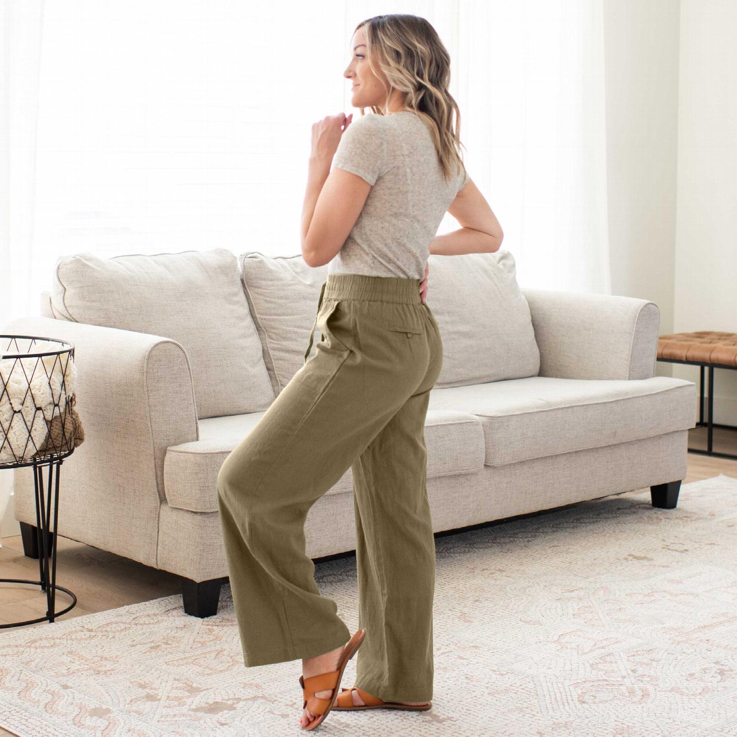 Linen drawstring-waist pants with pockets, showcasing a relaxed fit and stylish design, perfect for casual and work outfits.