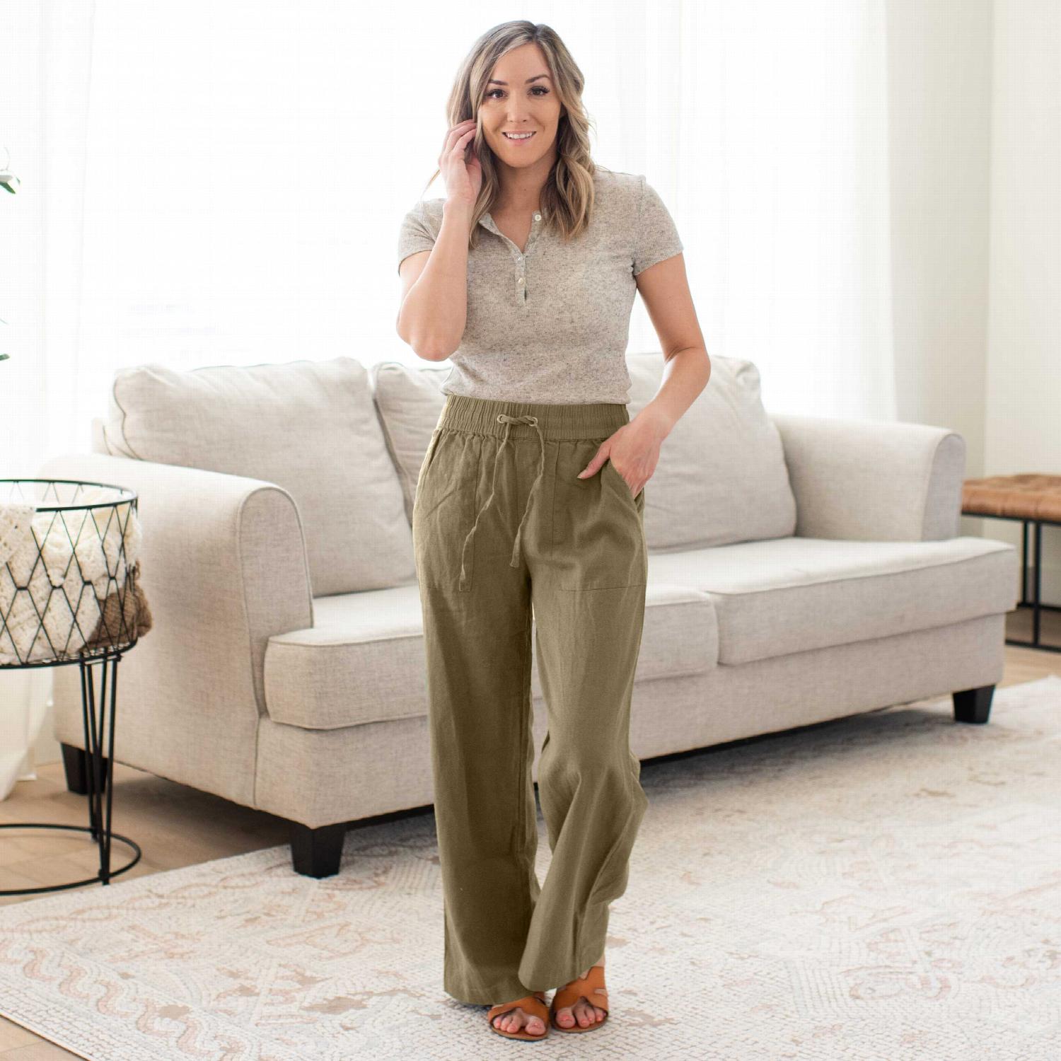 Linen drawstring-waist pants with pockets, showcasing a relaxed fit and stylish design, perfect for casual and work outfits.