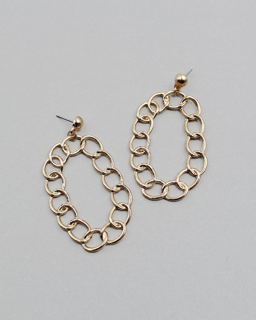 Elegant Linked Metal Chain Drop Earrings with a high polished finish, featuring a modern design and post back closure.