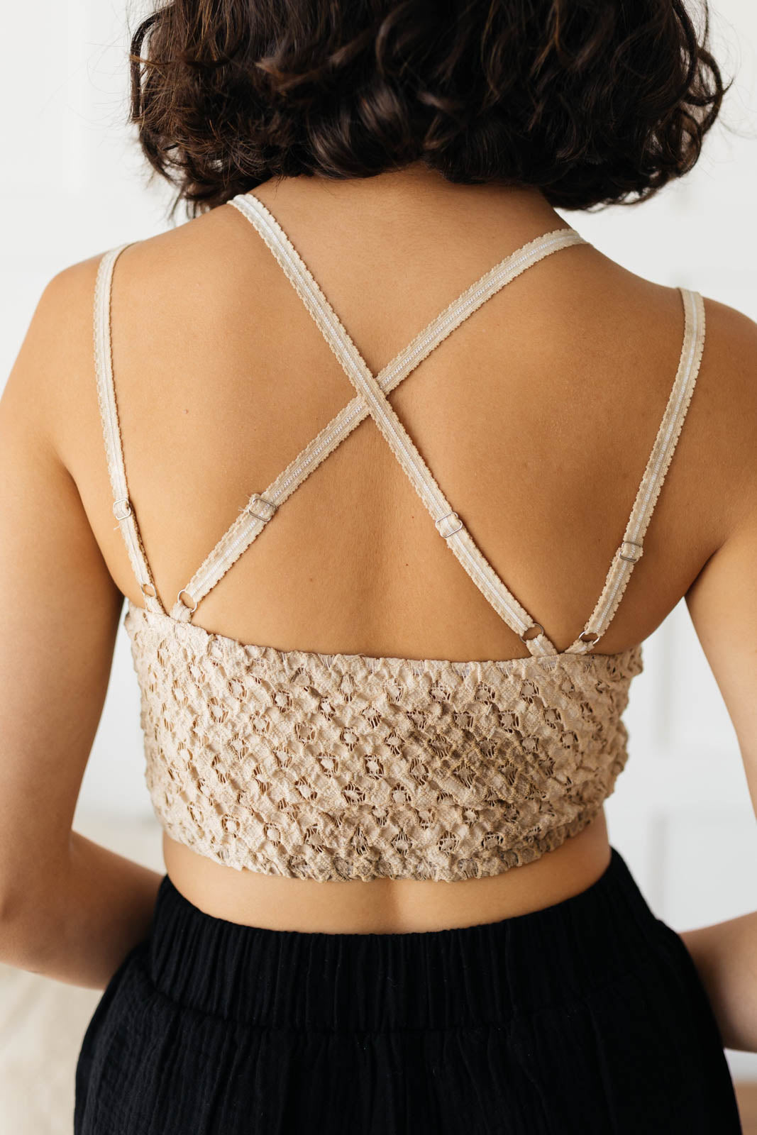 Live In Lace Bralette in Taupe featuring delicate lace design and adjustable straps, perfect for layering.