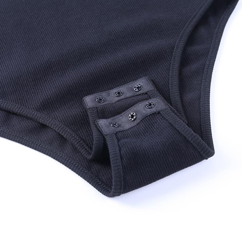 A stylish Long Sleeve Basic Bodysuit in solid color, featuring a button decoration, made from soft polyester fabric.