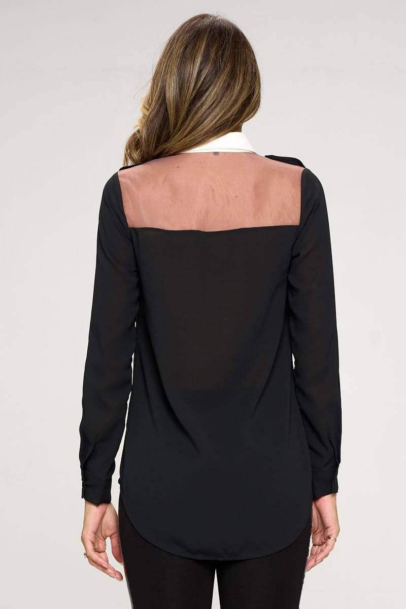 Long Sleeve Sheer Panel Collared Blouse featuring a see-through yoke and hi-low hem, styled elegantly on a model.