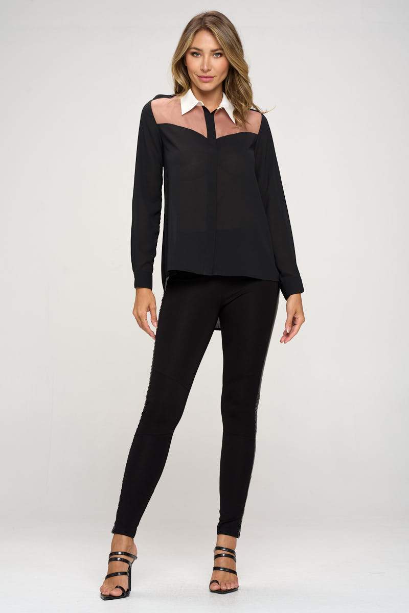 Long Sleeve Sheer Panel Collared Blouse featuring a see-through yoke and hi-low hem, styled elegantly on a model.