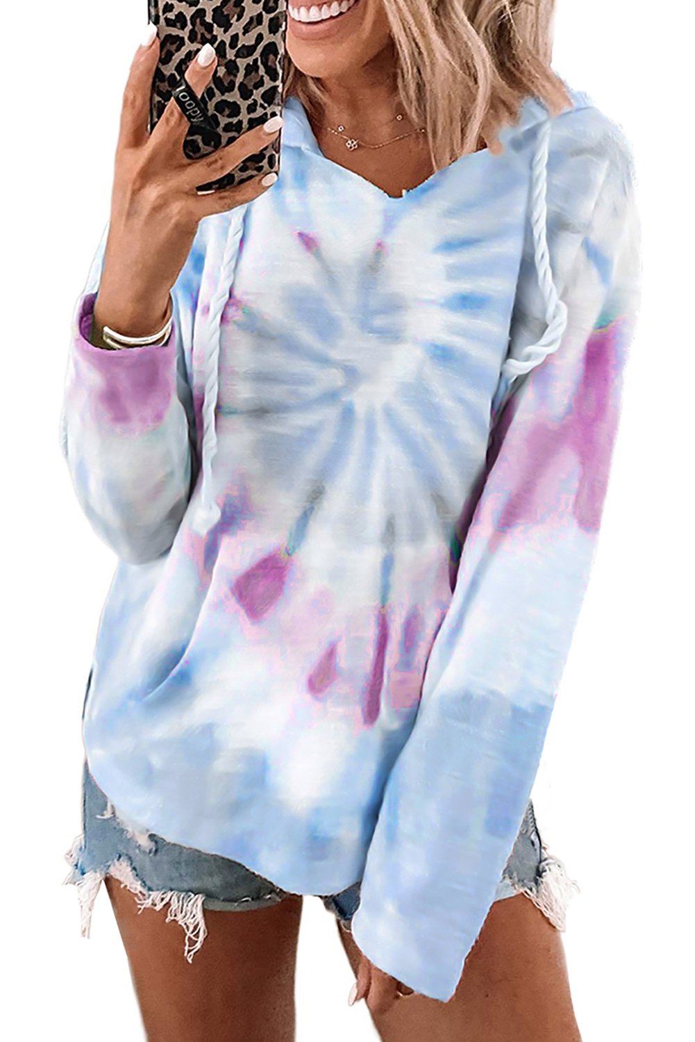 A stylish Long Sleeve Tie-dye Print Drawstring Hoodie featuring vibrant colors and a cozy design, perfect for casual wear.