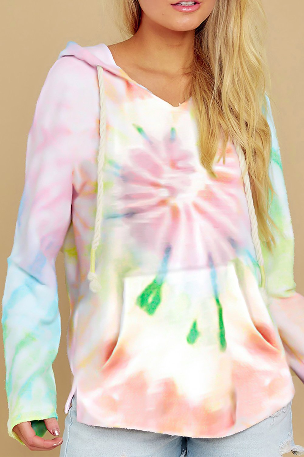 A stylish Long Sleeve Tie-dye Print Drawstring Hoodie featuring vibrant colors and a cozy design, perfect for casual wear.