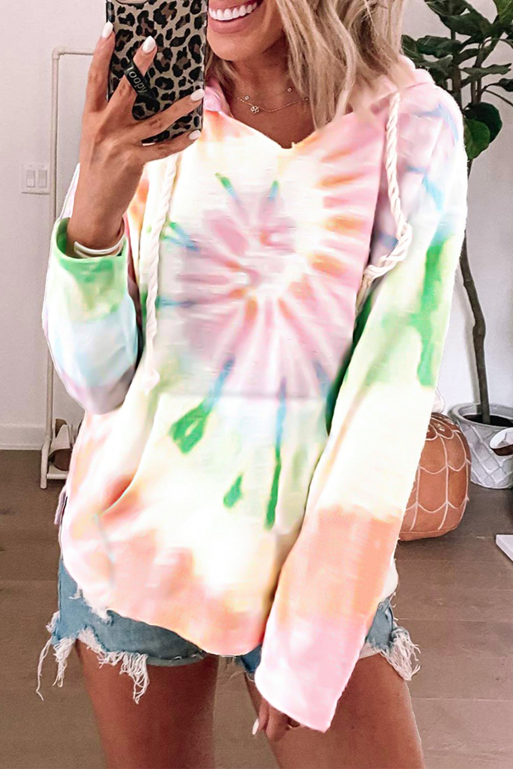A stylish Long Sleeve Tie-dye Print Drawstring Hoodie featuring vibrant colors and a cozy design, perfect for casual wear.