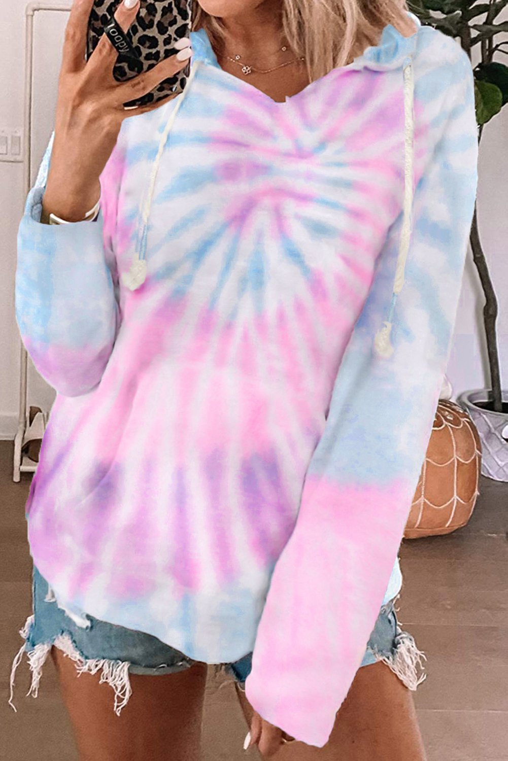 A stylish Long Sleeve Tie-dye Print Drawstring Hoodie featuring vibrant colors and a cozy design, perfect for casual wear.