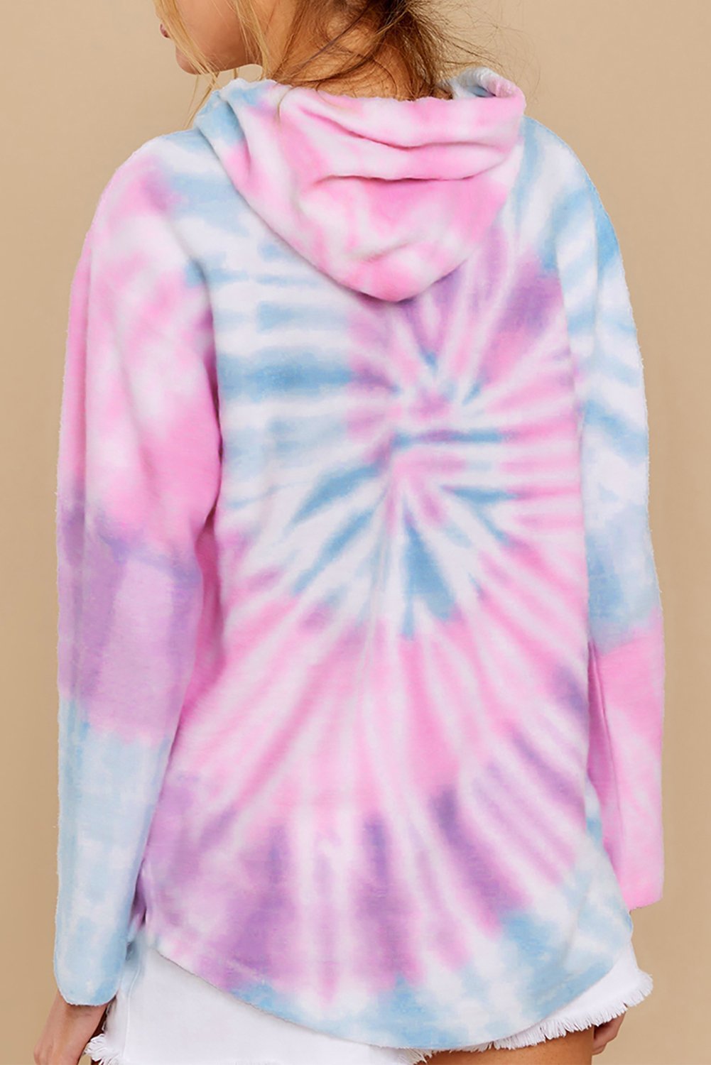 A stylish Long Sleeve Tie-dye Print Drawstring Hoodie featuring vibrant colors and a cozy design, perfect for casual wear.