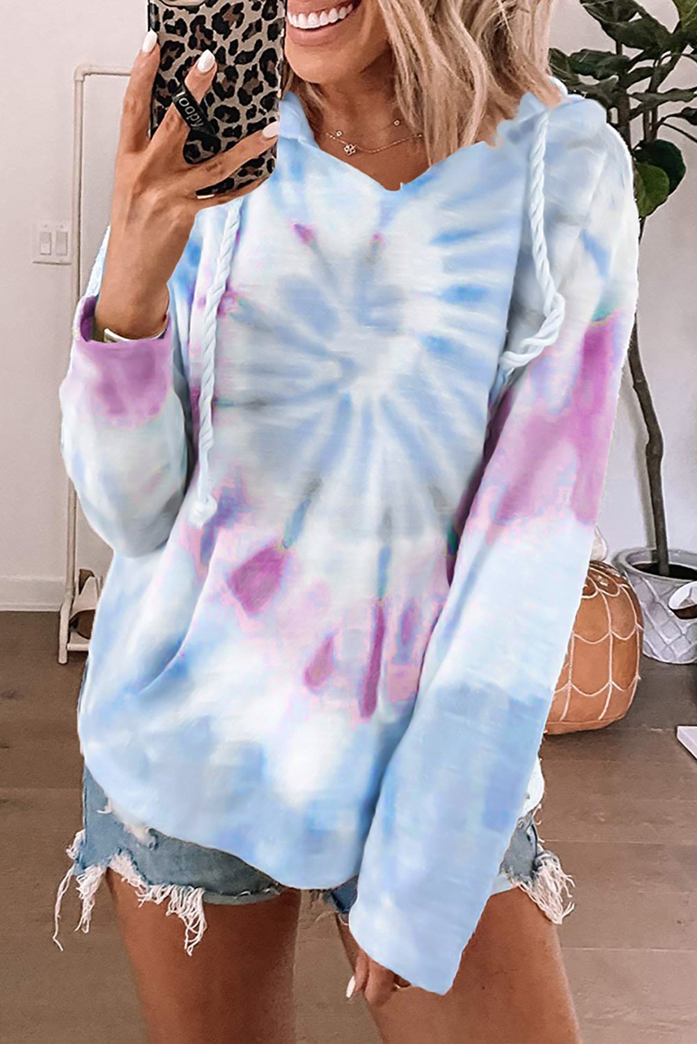 A stylish Long Sleeve Tie-dye Print Drawstring Hoodie featuring vibrant colors and a cozy design, perfect for casual wear.