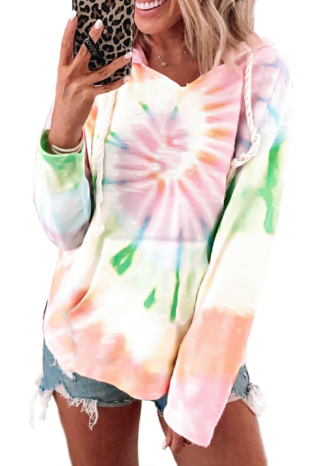 A stylish Long Sleeve Tie-dye Print Drawstring Hoodie featuring vibrant colors and a cozy design, perfect for casual wear.