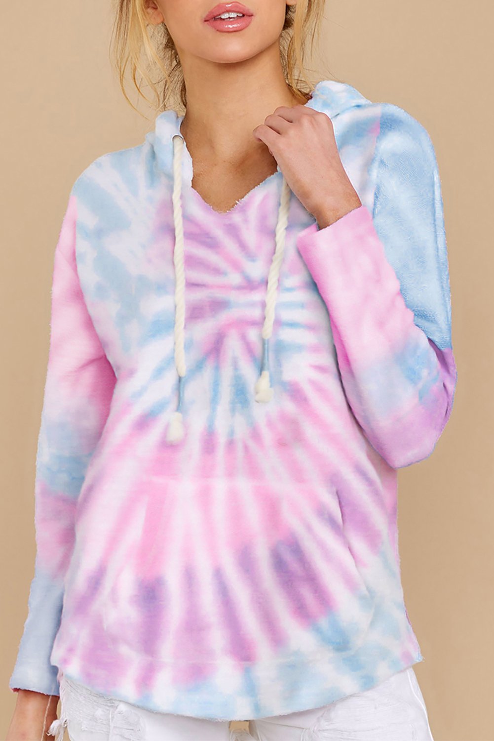 A stylish Long Sleeve Tie-dye Print Drawstring Hoodie featuring vibrant colors and a cozy design, perfect for casual wear.
