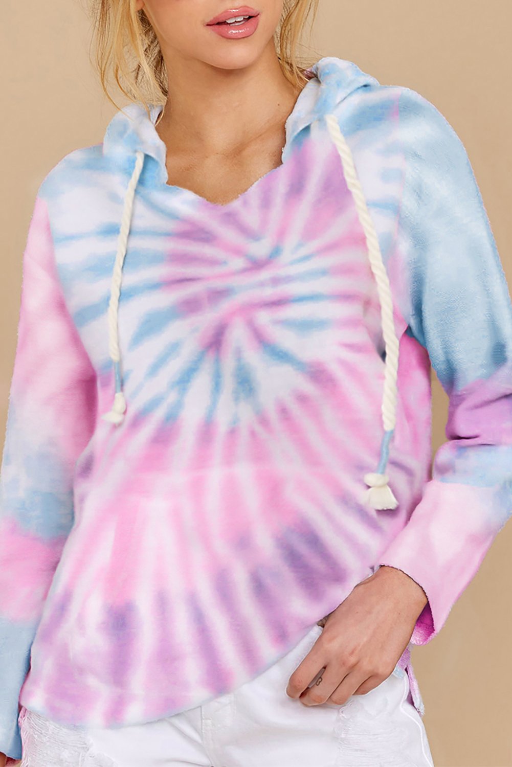 A stylish Long Sleeve Tie-dye Print Drawstring Hoodie featuring vibrant colors and a cozy design, perfect for casual wear.