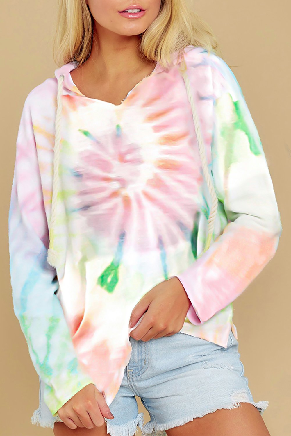 A stylish Long Sleeve Tie-dye Print Drawstring Hoodie featuring vibrant colors and a cozy design, perfect for casual wear.