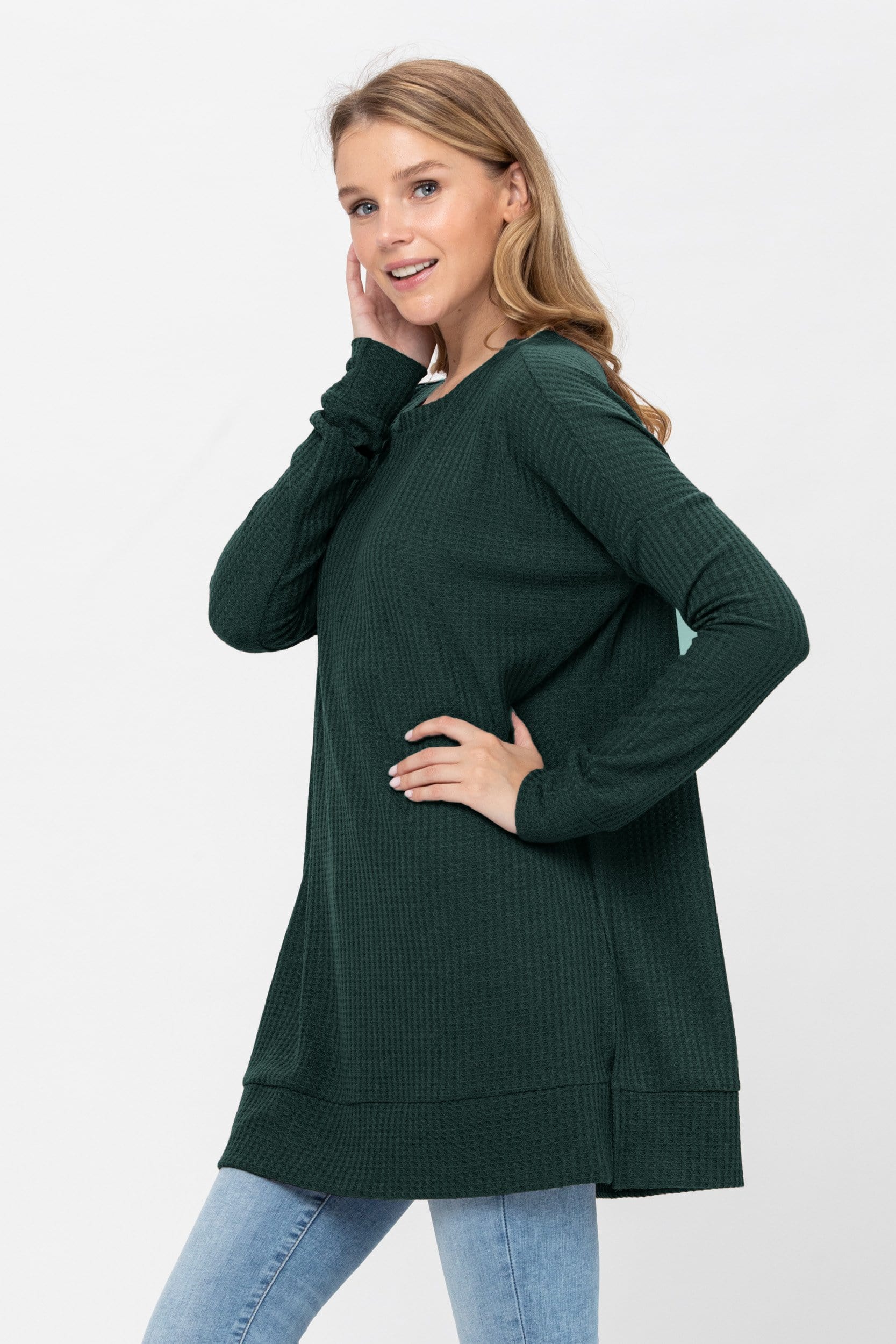 Long Sleeve Waffle Knit Sweater in solid color, featuring a round neck and soft texture, perfect for casual wear.