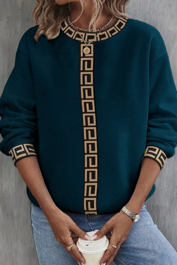 Loose Fit Geometric Print Top in Petrol with round neckline and long sleeves, showcasing a stylish geometric pattern.