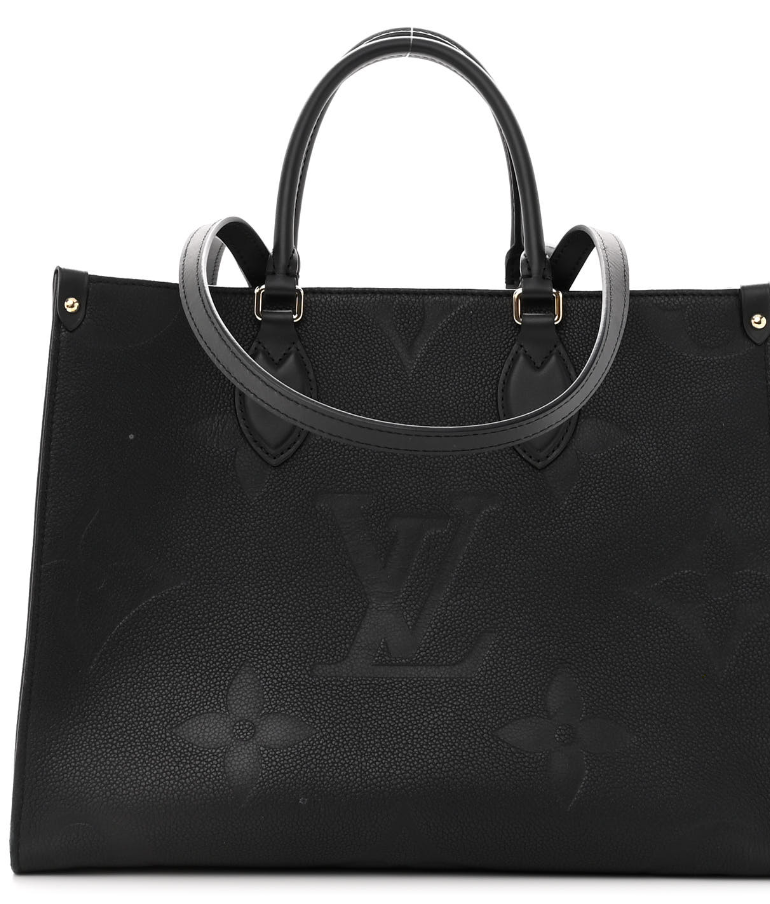 LOUIS VUITTON Empreinte Monogram Giant Onthego MM Black tote bag featuring oversized monogram print, rolled leather handles, and gold hardware.