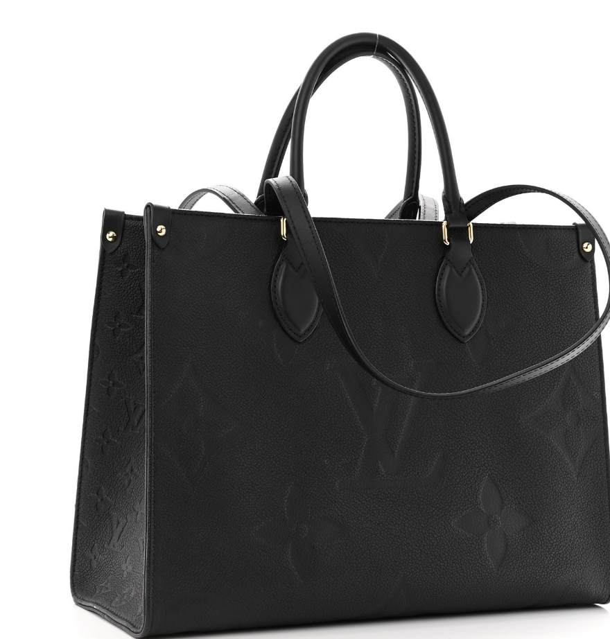 LOUIS VUITTON Empreinte Monogram Giant Onthego MM Black tote bag featuring oversized monogram print, rolled leather handles, and gold hardware.