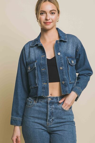 LOVE TREE Raw Hem Button Up Cropped Denim Jacket featuring a raw hem, button-up front, and cropped design, perfect for layering.