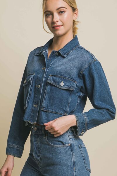 LOVE TREE Raw Hem Button Up Cropped Denim Jacket featuring a raw hem, button-up front, and cropped design, perfect for layering.