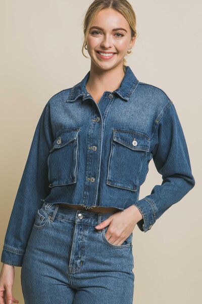 LOVE TREE Raw Hem Button Up Cropped Denim Jacket featuring a raw hem, button-up front, and cropped design, perfect for layering.