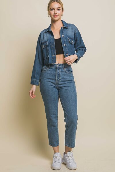 LOVE TREE Raw Hem Button Up Cropped Denim Jacket featuring a raw hem, button-up front, and cropped design, perfect for layering.