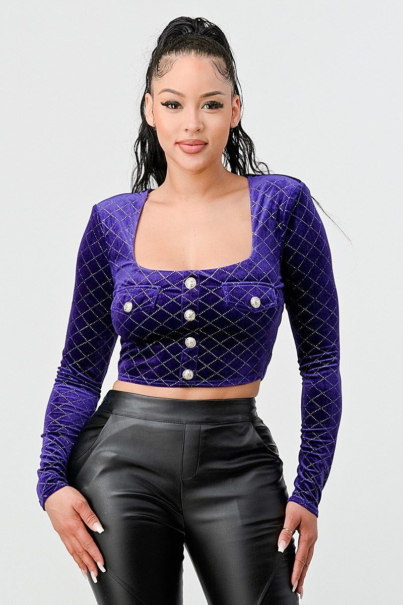 Lux Diamon Velvet Buttons Open Back Square Neck Long Sleeves Cropped Top in purple, showcasing its elegant design and luxurious fabric.
