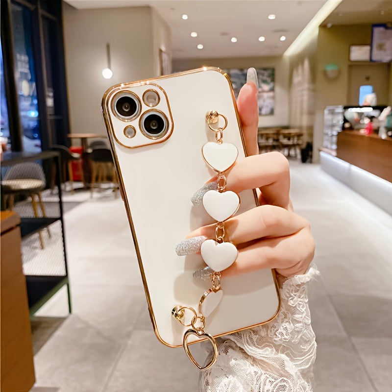Luxury Plated Heart Bracelet Phone Case featuring a glossy finish, designed for most smartphones with a stylish heart bracelet attachment.